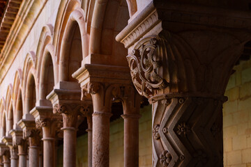Cloister of the Cistercian Abbey of San Andrés de Arroyo in the natural and historical region of Ojeda, Palencia, in the autonomous community of Castile and León, Spain. Europe