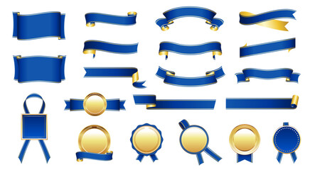 Elegant Blue and Gold Ribbon and Badge Set – Vector Decorative Elements for Awards and Celebrations