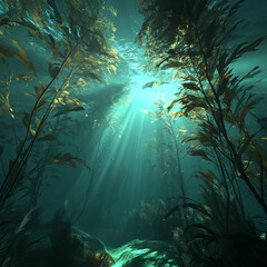 Underwater kelp forest swaying in gentle current, realistic, greenish-blue light rays