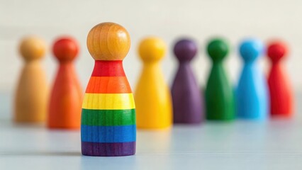 Wooden figure painted in rainbow colors leading others — representing pride and leadership