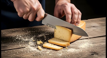 The cheese being cut, carefully, a gastronomic moment captured, the passion for food - Lynaria