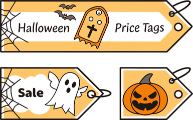 Fototapeta premium Illustration of halloween themed price tags with a spider web, bats, ghost, pumpkin and a tombstone tag