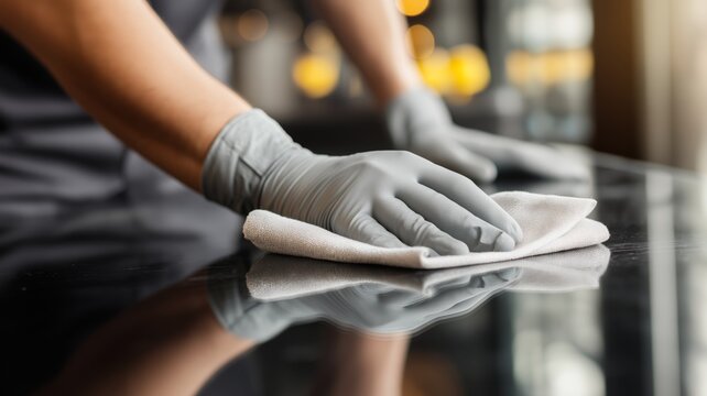 A worker in gloves is wiping a restaurant table to prepare for customers during lunchtime.