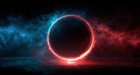 Obraz premium Vibrant photo of glowing, luminous ring of light against a dark background. The circle is surrounded by an aura that shines in shades of red and blue, creating the impression.