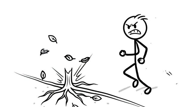 Angry Stickman Uproots Tree in Animated Sequence