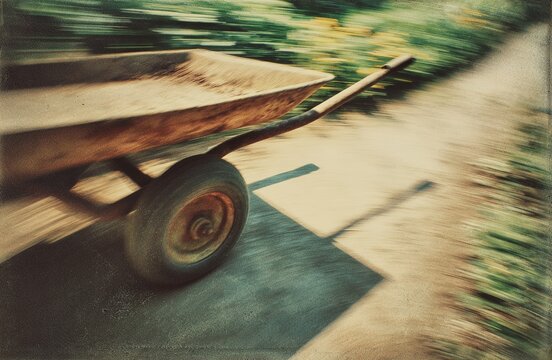 Movement of a wheelbarrow along a garden pathway during a sunny afternoon in late spring