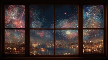 Fireworks view from a window at night