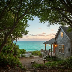 Coastal Cottage at Sunset with Ocean View