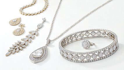 Naklejka premium A collection of diamond jewelry including necklaces earrings a bracelet and a ring on white surface