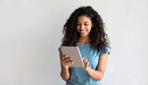 Young woman with curly hair smiles while using tablet, showcasing moment of joy and engagement with technology. neutral background emphasizes her expression and device - Powered by Adobe