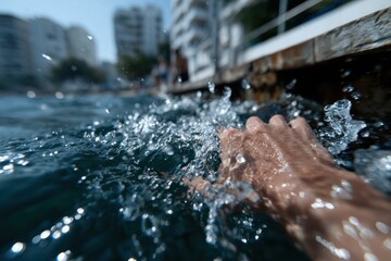 A hand emerges from the water, creating ripples against a bright backdrop, capturing the essence of playfulness, joy, and the refreshing experience of being in water.