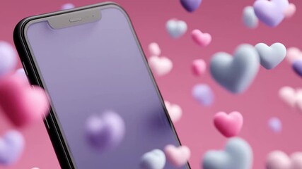 A smartphone displays a vibrant background while heart shapes of pink and purple colors float around, creating a playful atmosphere of love, advertising dating application