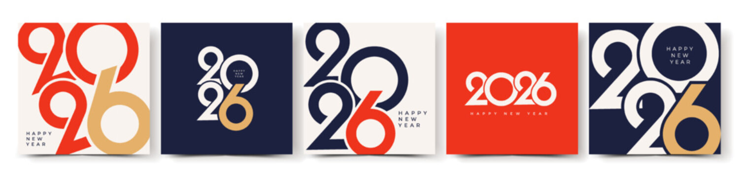 New Year 2026 logo design template set with numbers in blue, red white and gold colors. Elegant minimalist vector illustration for branding, calendar, invitation, greeting card, banner, poster