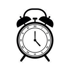 Classic black alarm clock icon featuring Roman numerals and twin bells. Ideal for vintage-themed projects, punctuality concepts, reminders, and antique-style time-related illustrations.
