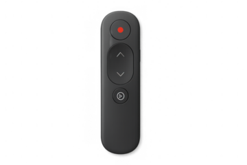 Sleek wireless remote control featuring play, directional buttons and glowing red led indicator resting on clear surface