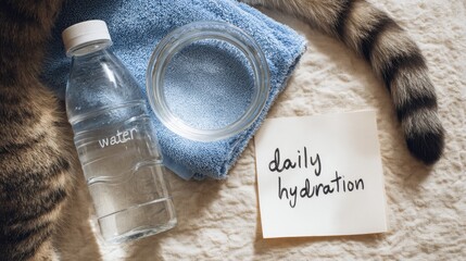 Daily hydration with pet cat - water bottle, towel, bowl, and cat tail on soft bed,Pet Hydration Awareness Month
