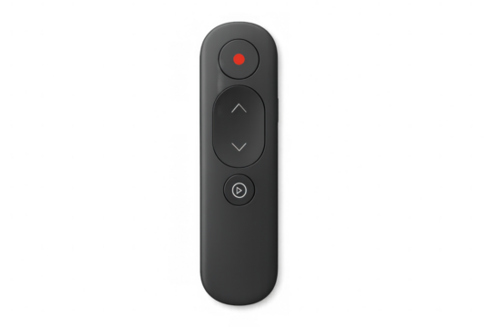 Sleek wireless remote control featuring play, directional buttons and glowing red led indicator resting on clear surface