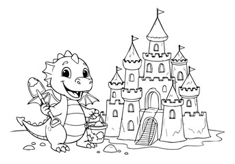 Fototapeta premium Kids coloring page happy cartoon dragon with sandcastle at the beach