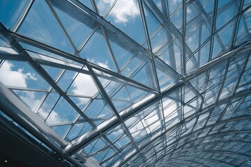 Modern glass roof, steel structure, blue sky
