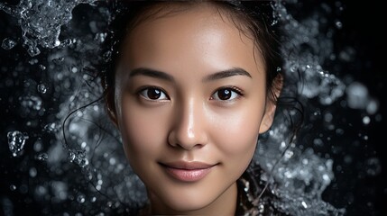 Relaxing Asian woman enjoys refreshing rain while embracing natural beauty