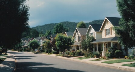 Naklejka premium Vibrant photo of row of beautiful homes in the suburbs, showcasing various architectural styles and colors. The street is lined with lush green trees on both sides, creating an.