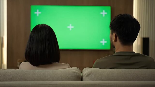 Couple watches green screen TV in modern living room, ideal for digital display mockup, chroma key compositing, empty screen template.