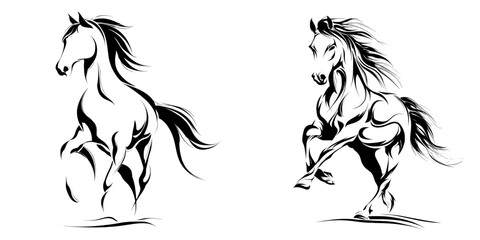 Continuous one line drawing is used to create a modern black and white horse logo illustration, which can be applied to different materials like logos, cards, banners, posters, and flyers