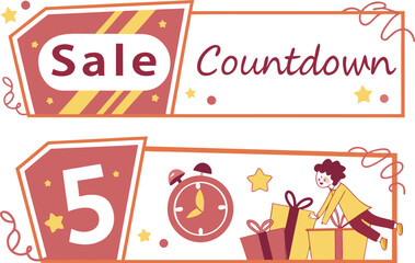 Fototapeta premium Illustration of sale countdown banners with star accents, gifts, and a character reaching for presents