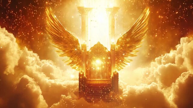 A majestic golden throne with angelic wings rises amidst fluffy clouds, illuminated by bright light in a fantastical heaven realm