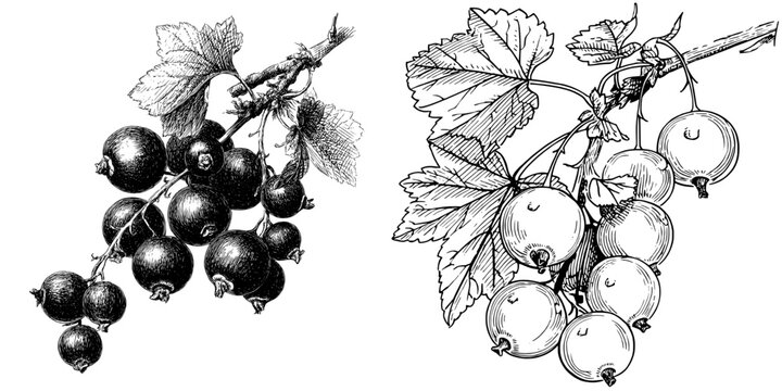 Modern black currant drawing, an isolated branch with a berry sketched on white