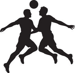 Two players challenging for a header, captured at the peak of their jump silhouette art on white background