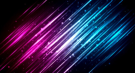 Diagonal Neon Light Streaks with Glittering Particles on Black Background abstract blue