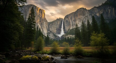 Dramatic sunset light illuminates the granite cliffs and a cascading waterfall in a majestic mountain valley.