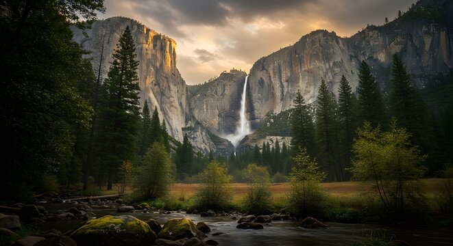 Dramatic sunset light illuminates the granite cliffs and a cascading waterfall in a majestic mountain valley.
