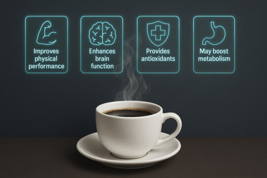 Steaming cup of coffee is placed saucer against dark background, with icons highlighting benefits such as improved physical performance, enhanced brain function, antioxidants, and metabolism boost