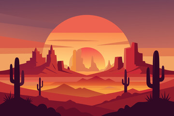 Stylized desert landscape with cacti mountains and a large setting sun