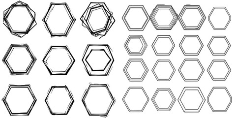 A set of hand-drawn hexagons in scribble form, comprising abstract polygonal frames in a doodles style, serving as a hexagonal design element created with a continuous line in modern format, isolated