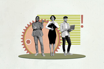 Collage design trend artwork sketch of team businesswoman two young man stand type laptop...