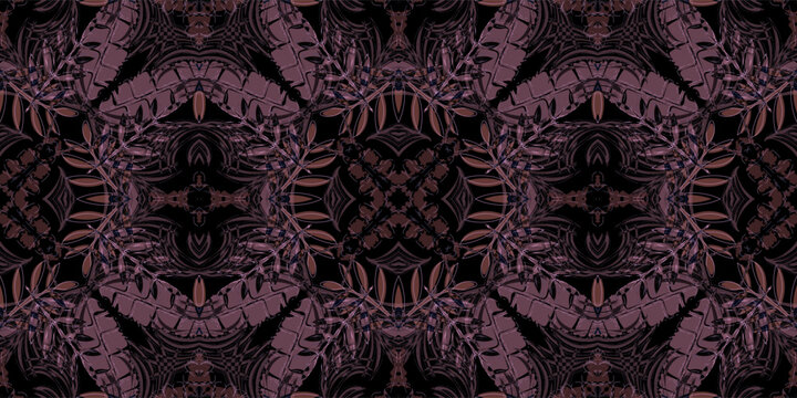 Abstract Botanical Pattern With Dark Purple and Brown Shades. texture seamless pattern. fabric textile aplicate 
