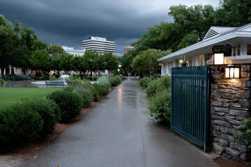 Fototapeta premium A beautifully paved pathway lined with lush greenery and trees, leading toward modern city buildings beneath a dramatic stormy sky, inviting exploration and urban connection.