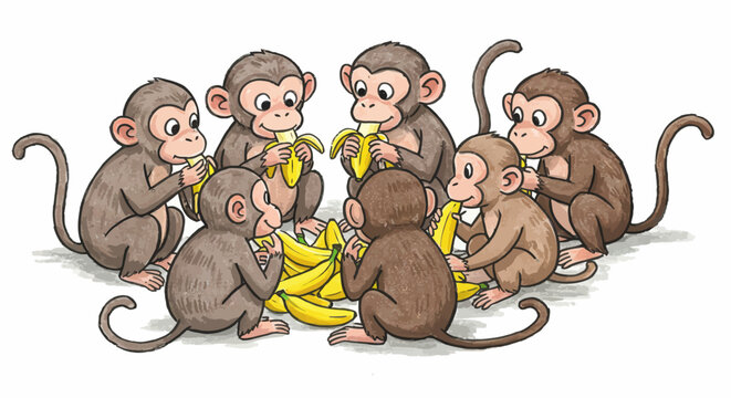 Drawn with thick crayons, A charming hand-drawn illustration of a large group of cute monkeys sitting in a circle, happily sharing and eating a pile of bananas.