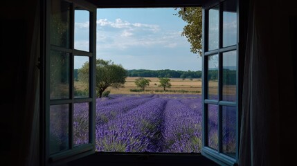 Fototapeta premium Lavender field seen through an open window
