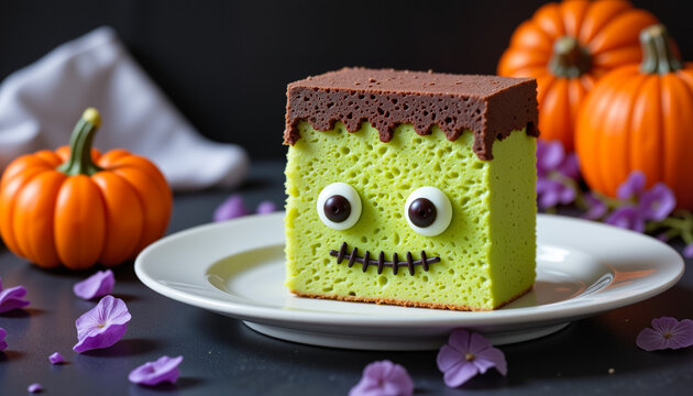 Frankenstein monster cake slice – Halloween themed dessert decoration, spooky party food
