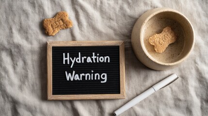 Dog hydration reminder with chalkboard and bowl of treats for pet care awareness,Pet Hydration Awareness Month