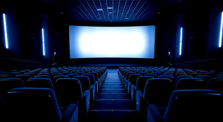 Empty dark blue cinema theater with bright white screen and blue lighting image