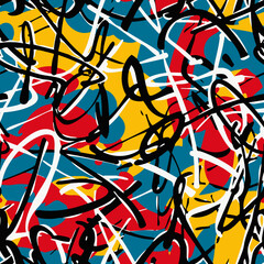 Abstract graffiti vector seamless pattern. Urban art texture with chaotic strokes, paint splashes, colorful lines, patches. Sport style background. Design for kids, teens, boys, girls, activewear