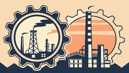 Obraz premium Illustration of two gears framing industrial buildings with smokestacks and factory structures