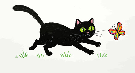 Drawn with thick crayons, Charming hand-drawn illustration of a playful black cat with big green eyes chasing a colorful butterfly.
