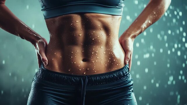 A fit lady shows her flat belly with toned abs muscles during raing, closeup. Gym and healthy workout