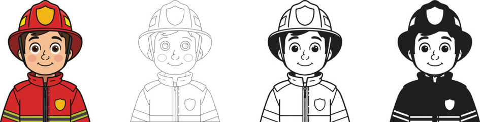 Firefighter icons set. Fire truck, rescue, helmet, emergency vector illustration